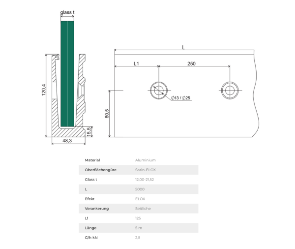 Aluminium Ganzglasgeländer U-Bodenprofil vorgesetzt 5000mm 1,0kN Glasgeländer Satin Elox